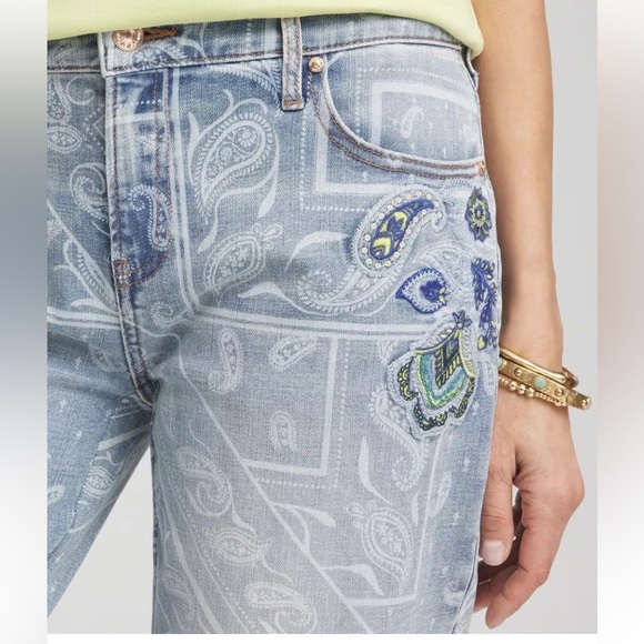 Chico’s Paisley Applique Cropped Jeans - Light Blue. Embroidered, Soft, Stretchy - Picture 2 of 16